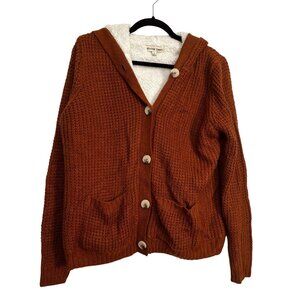 Divine Heart Hooded Cardigan Brown White Sz 3X Button Front Sherpa Lined Comfy